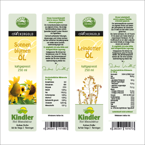 2 Etiketten für Ölfläschchen, jeweils Vorder- und Rückseite