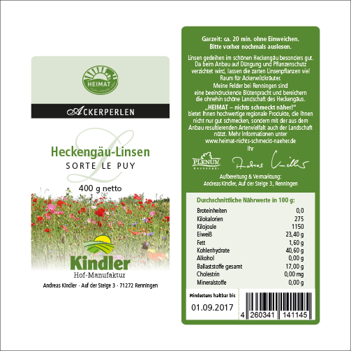 Etikett für Linsentüte, Vorder- und Rückseite