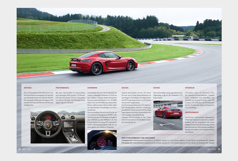 WPC Magazin, Doppelseite roter Cayman auf der Rundstrecke